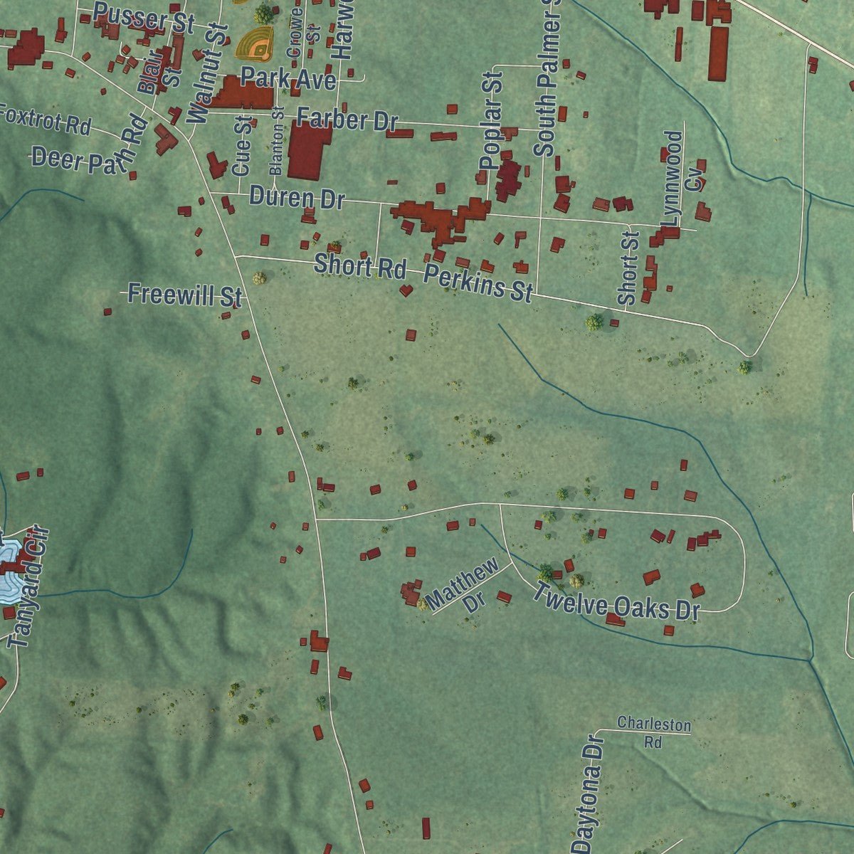 Second close-up of the map of Adamsville, Tennessee print showing more streets and buildings