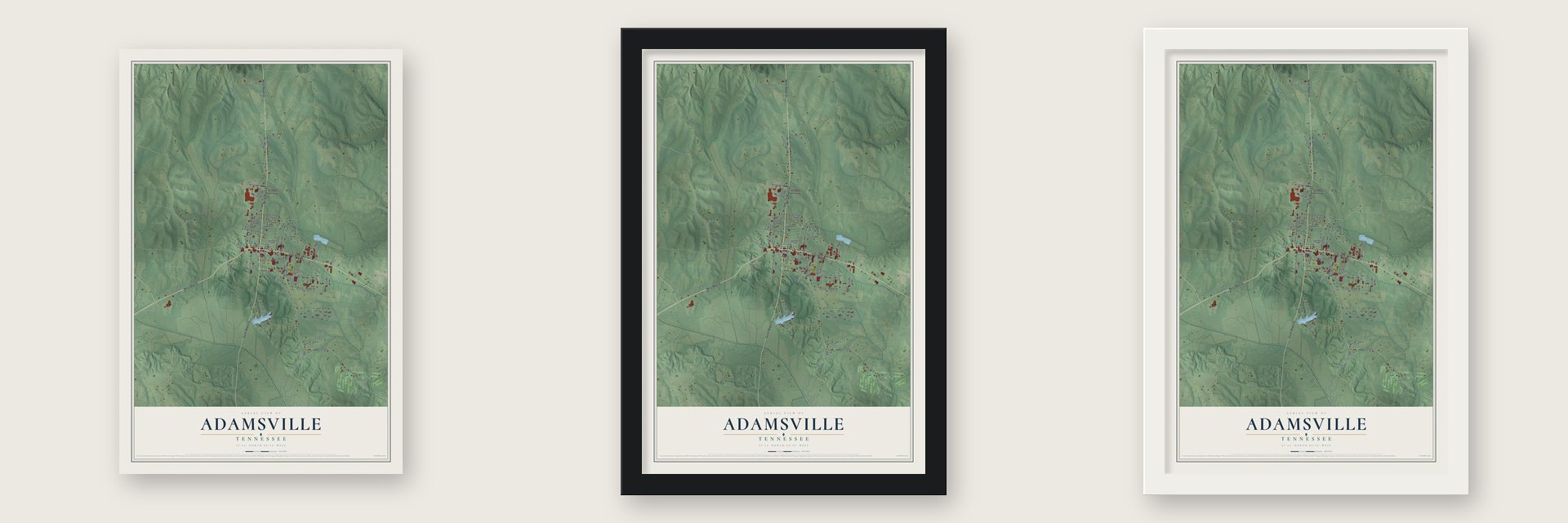 Adamsville, Tennessee map unframed, in a black wood frame and in a white wood frame