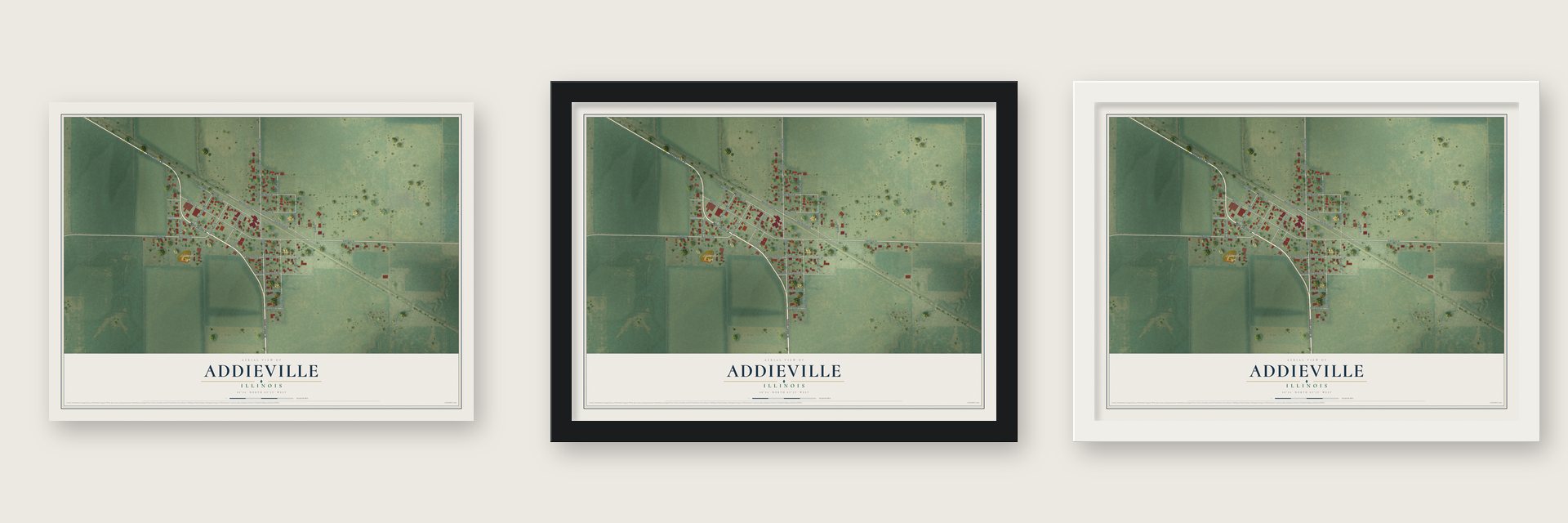 Addieville, Illinois map unframed, in a black wood frame and in a white wood frame