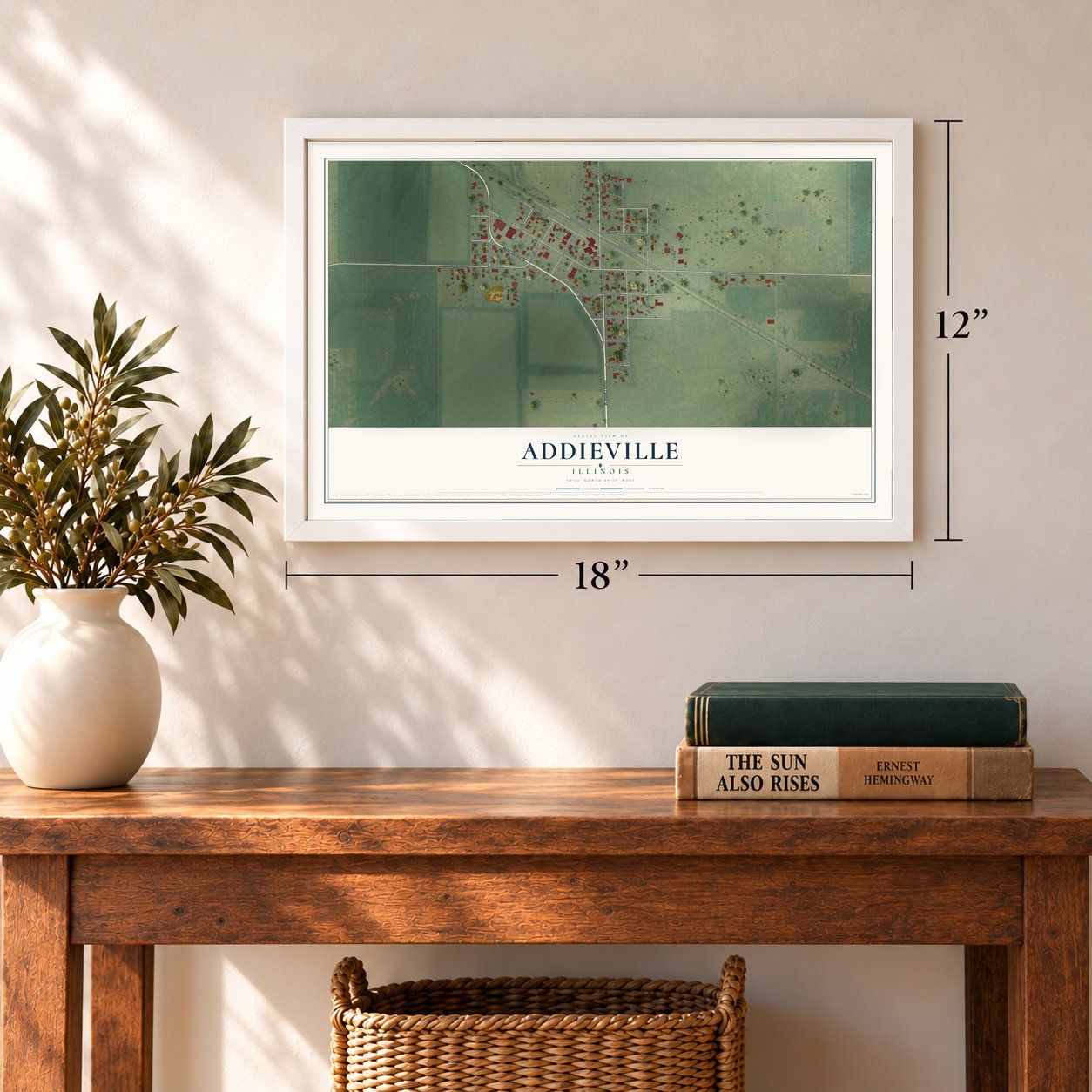 Addieville, Illinois map, 12 x 18 inch print in a white frame in an entryway