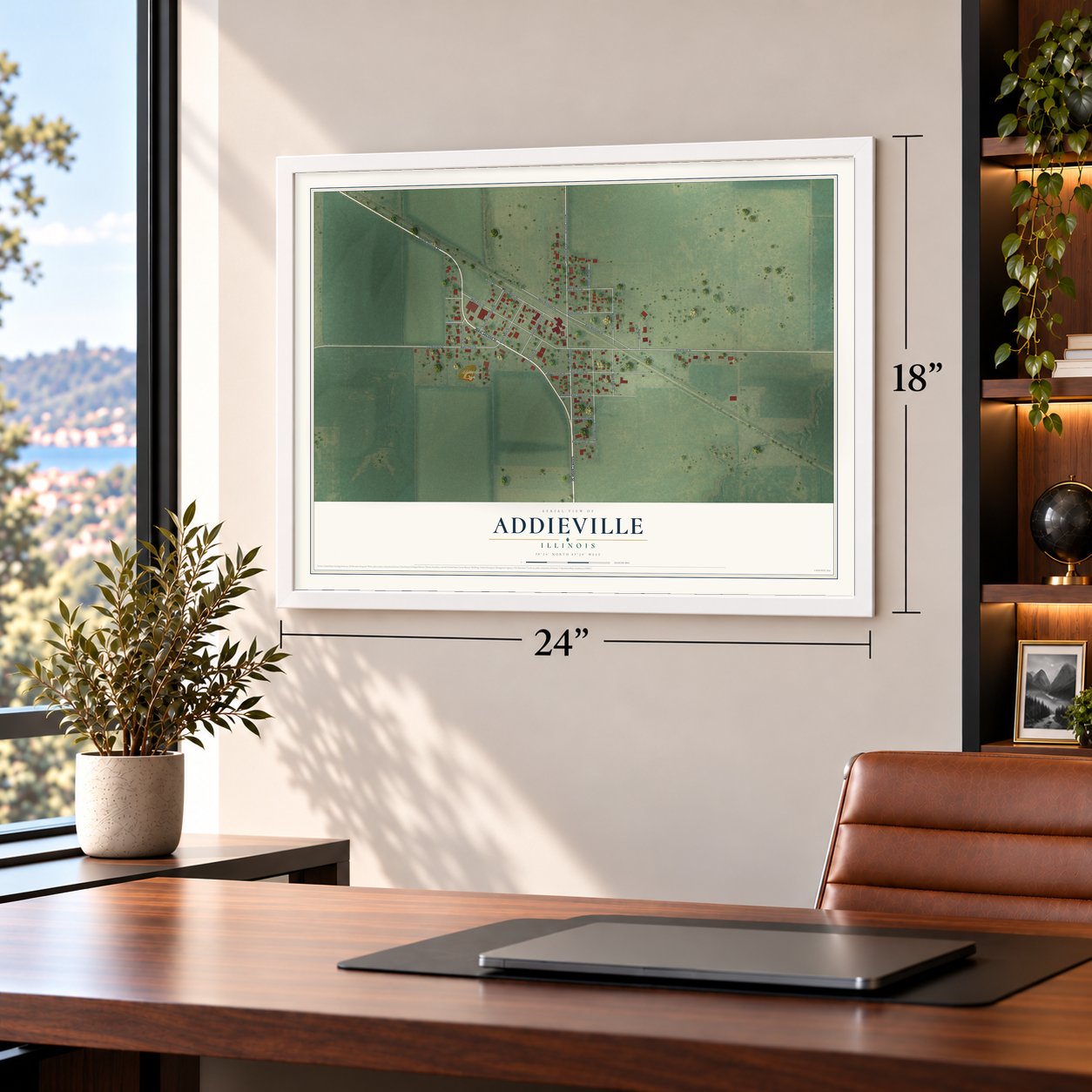 Addieville, Illinois map, 18 x 24 inch print in a white frame in a home office