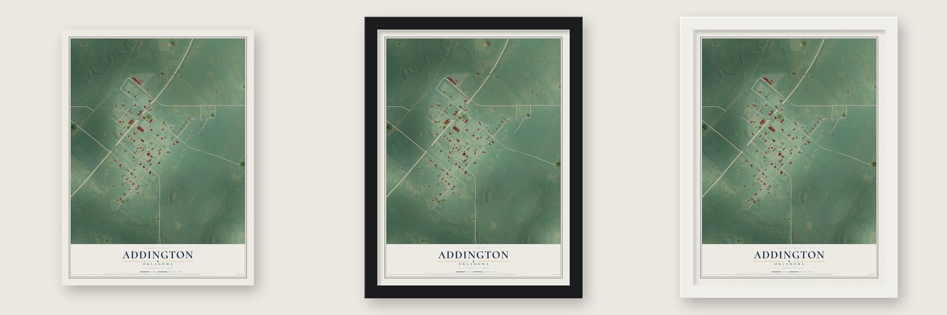 Addington, Oklahoma map unframed, in a black wood frame and in a white wood frame