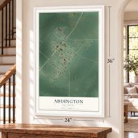 Addington, Oklahoma map, 24 x 36 inch print in a white frame by a staircase