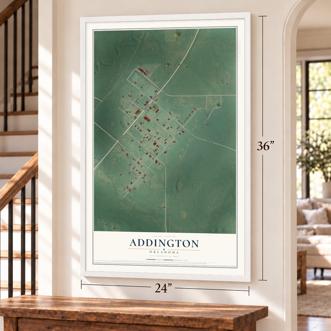 Addington, Oklahoma map, 24 x 36 inch print in a white frame by a staircase