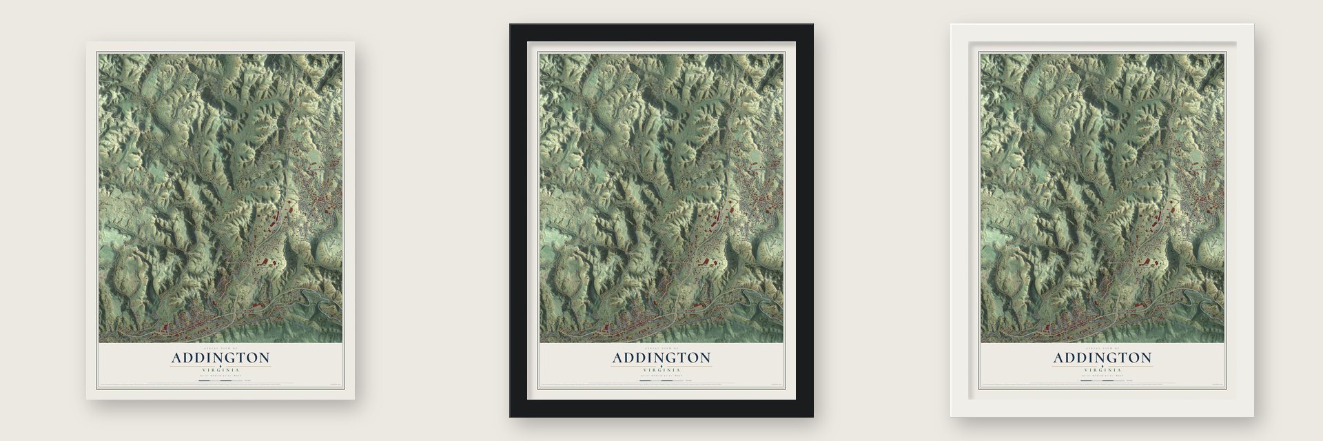 Addington, Virginia map unframed, in a black wood frame and in a white wood frame