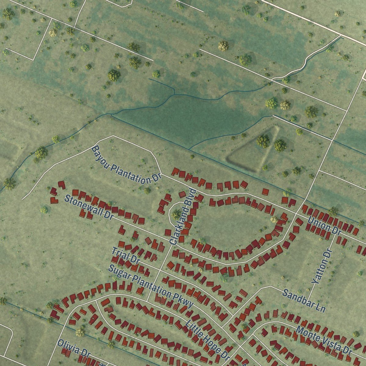 Second close-up of the map of Addis, Louisiana print showing more streets and buildings