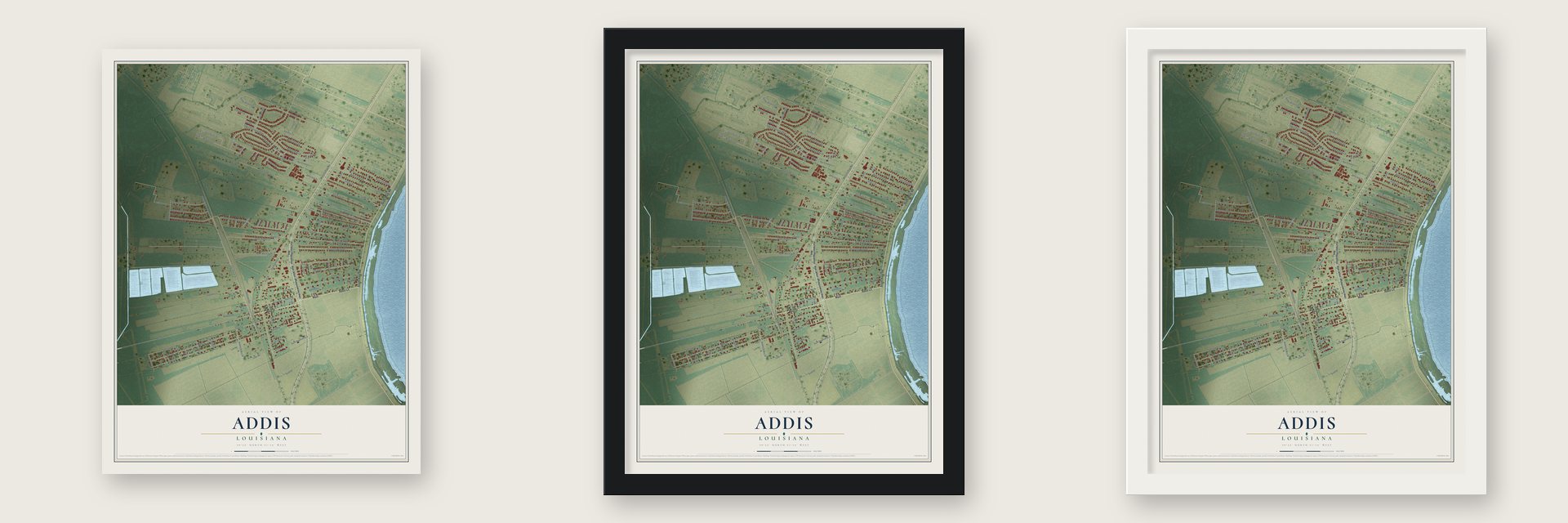 Addis, Louisiana map unframed, in a black wood frame and in a white wood frame