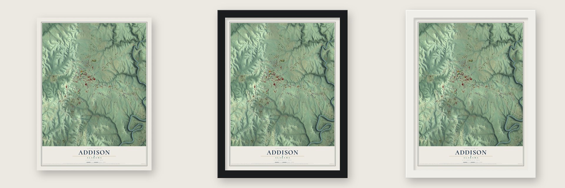 Addison, Alabama map unframed, in a black wood frame and in a white wood frame