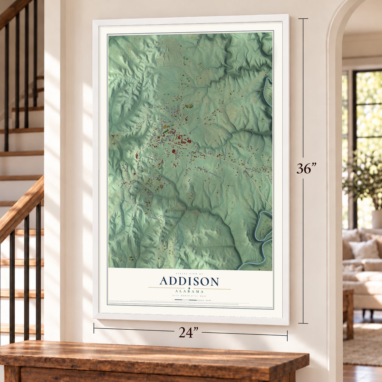 Addison, Alabama map, 24 x 36 inch print in a white frame by a staircase