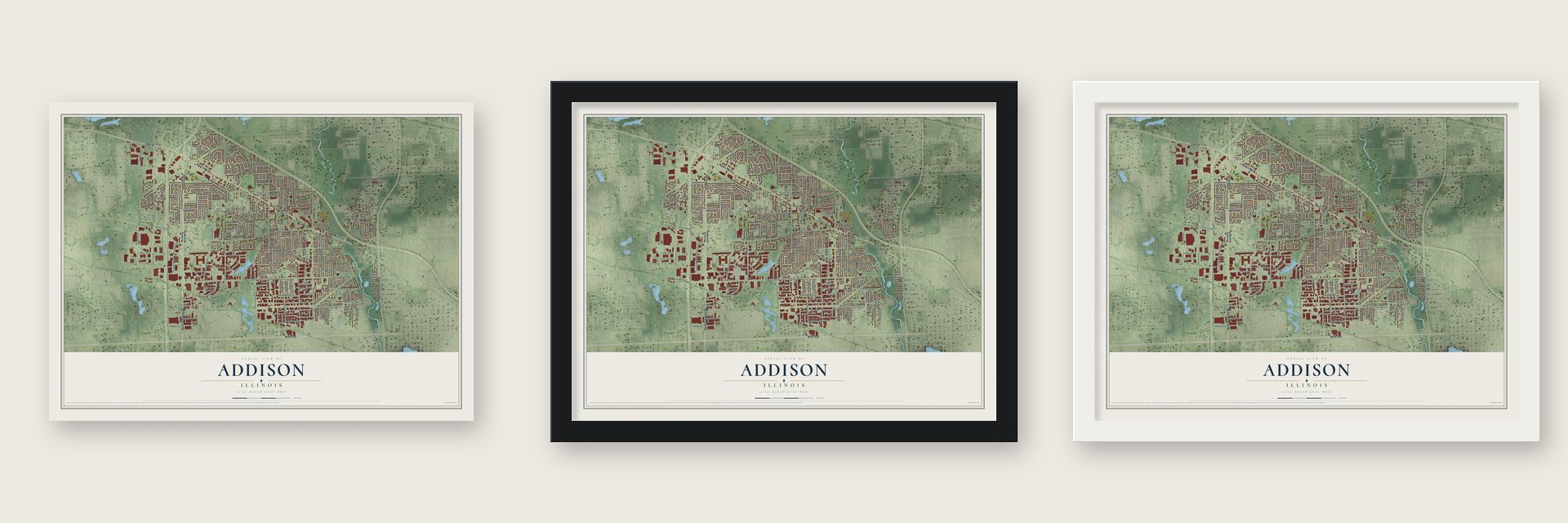 Addison, Illinois map unframed, in a black wood frame and in a white wood frame
