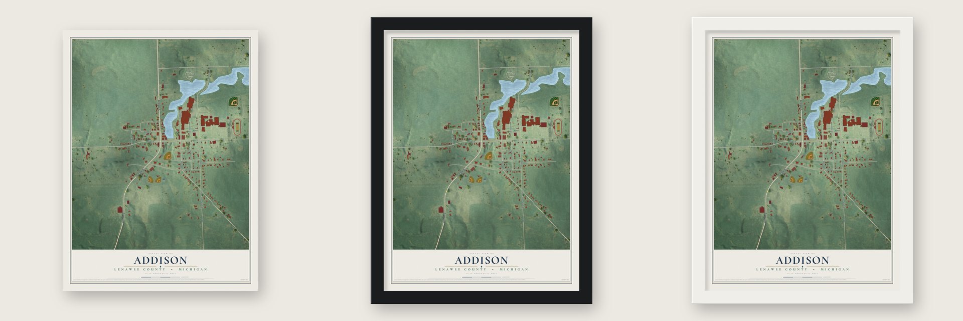 Addison, Lenawee County, Michigan map unframed, in a black wood frame and in a white wood frame