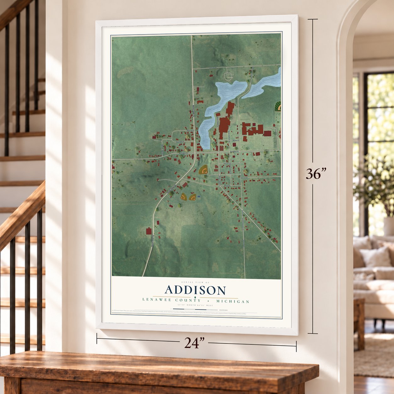 Addison, Lenawee County, Michigan map, 24 x 36 inch print in a white frame by a staircase