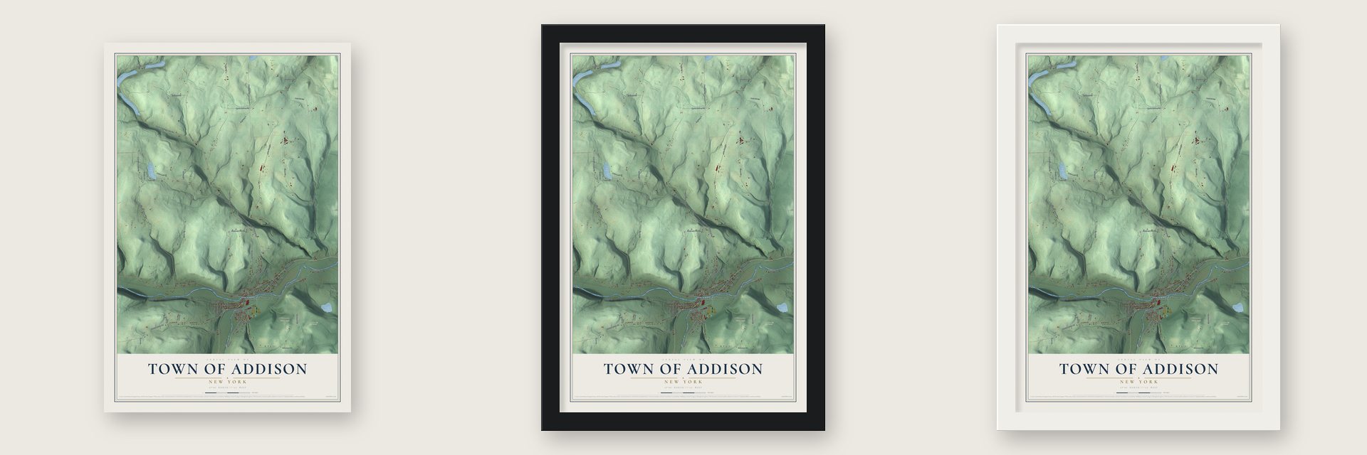 Town of Addison, New York map unframed, in a black wood frame and in a white wood frame