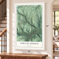 Town of Addison, New York map, 24 x 36 inch print in a white frame by a staircase