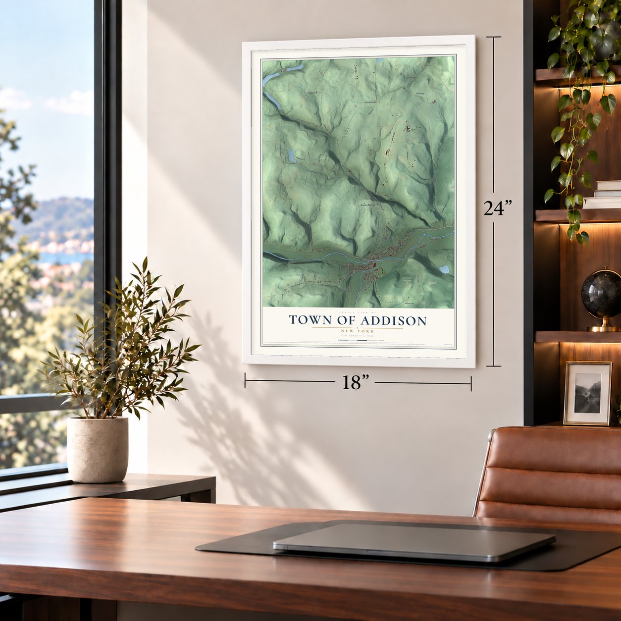 Town of Addison, New York map, 18 x 24 inch print in a white frame in a home office
