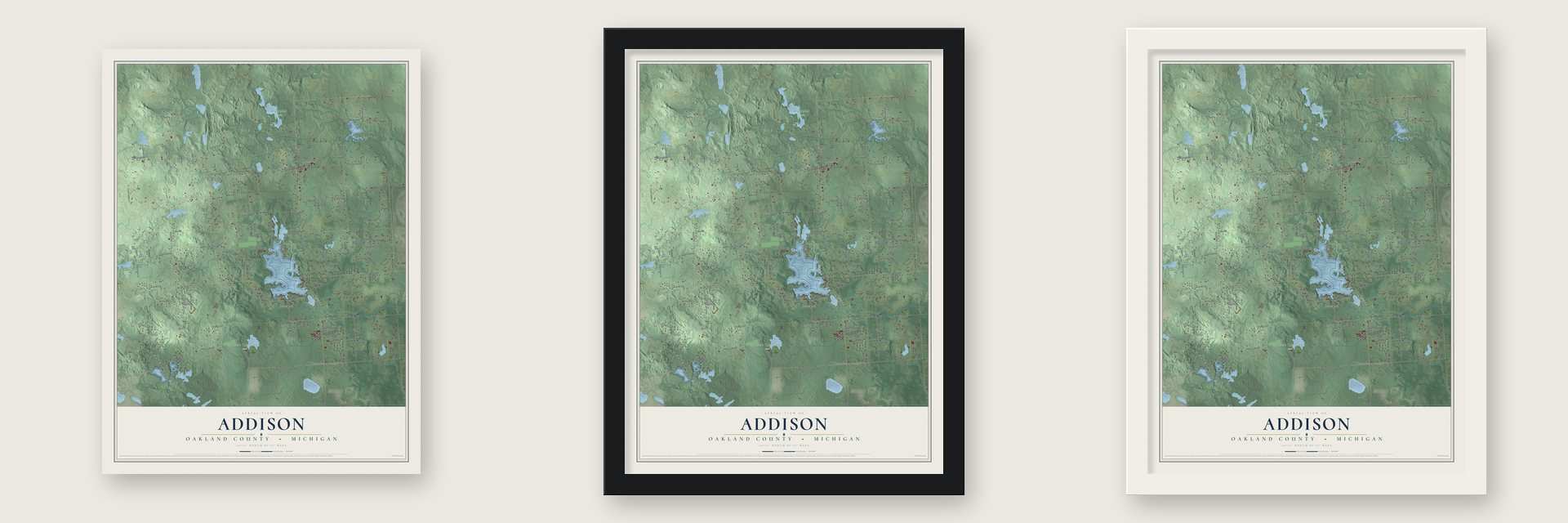 Addison, Oakland County, Michigan map unframed, in a black wood frame and in a white wood frame