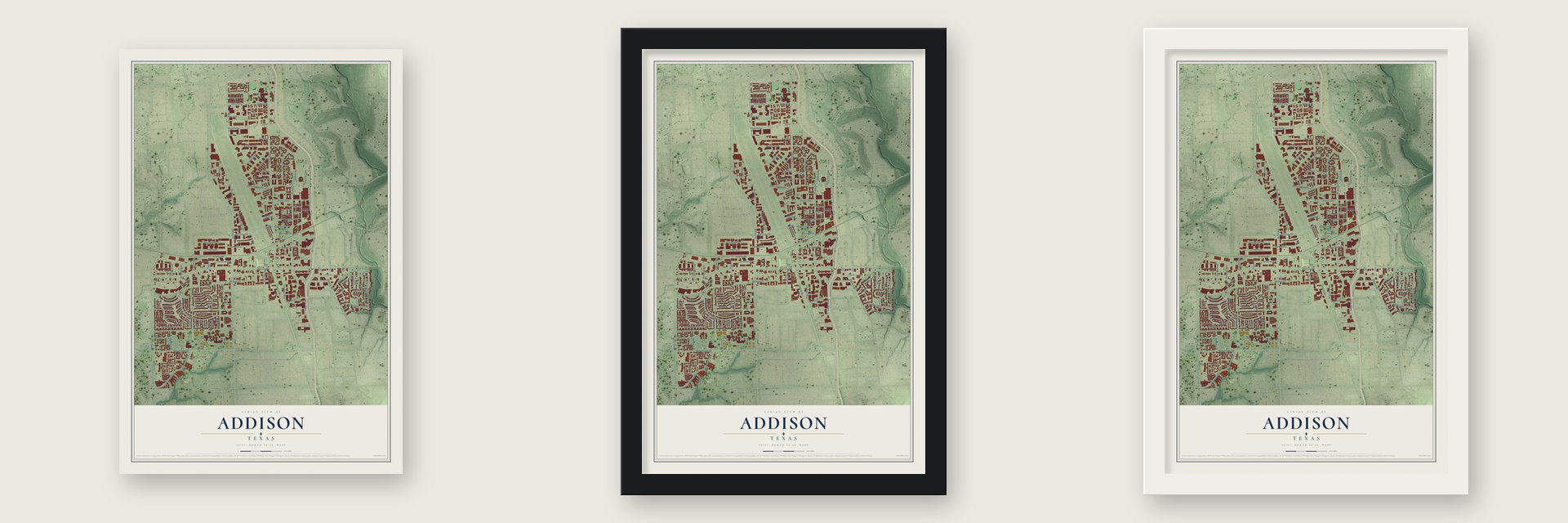 Addison, Texas map unframed, in a black wood frame and in a white wood frame
