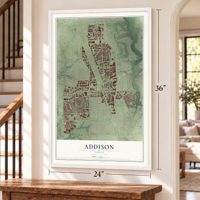 Addison, Texas map, 24 x 36 inch print in a white frame by a staircase