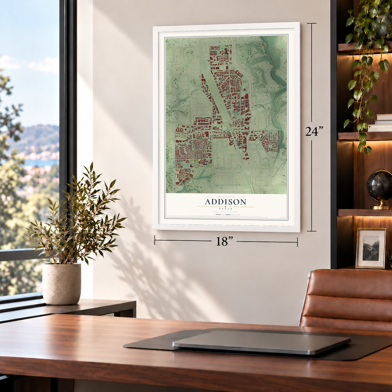 Addison, Texas map, 18 x 24 inch print in a white frame in a home office