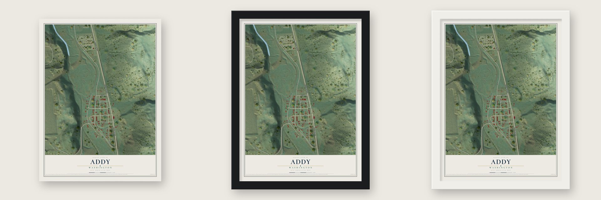 Addy, Washington map unframed, in a black wood frame and in a white wood frame