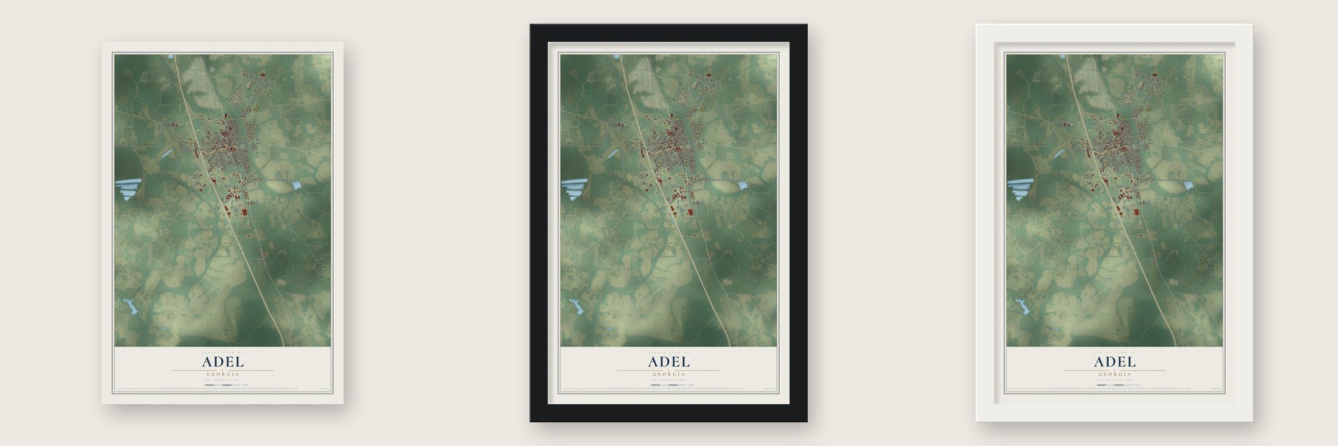Adel, Georgia map unframed, in a black wood frame and in a white wood frame