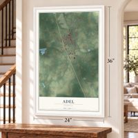 Adel, Georgia map, 24 x 36 inch print in a white frame by a staircase