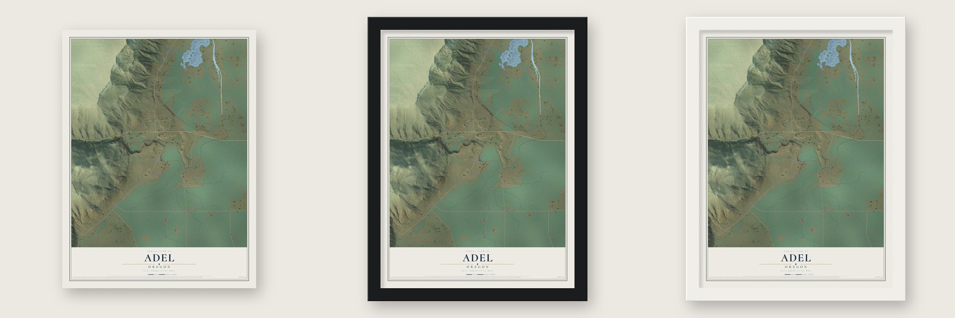 Adel, Oregon map unframed, in a black wood frame and in a white wood frame