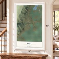 Adel, Oregon map, 24 x 36 inch print in a white frame by a staircase