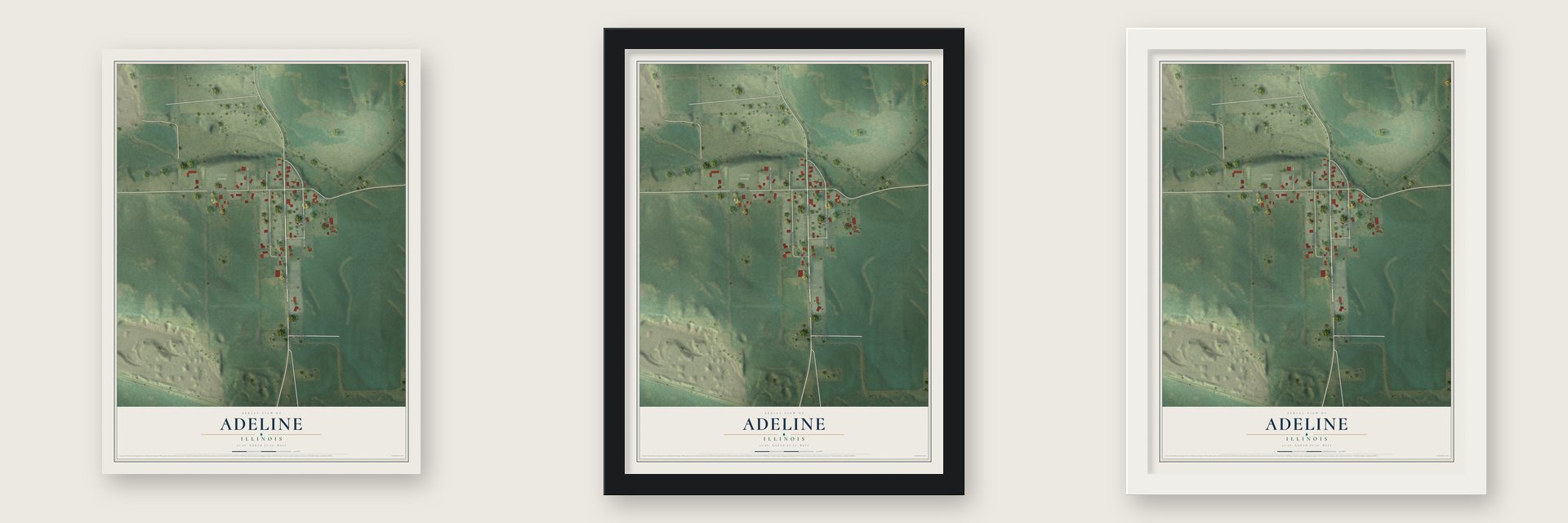 Adeline, Illinois map unframed, in a black wood frame and in a white wood frame