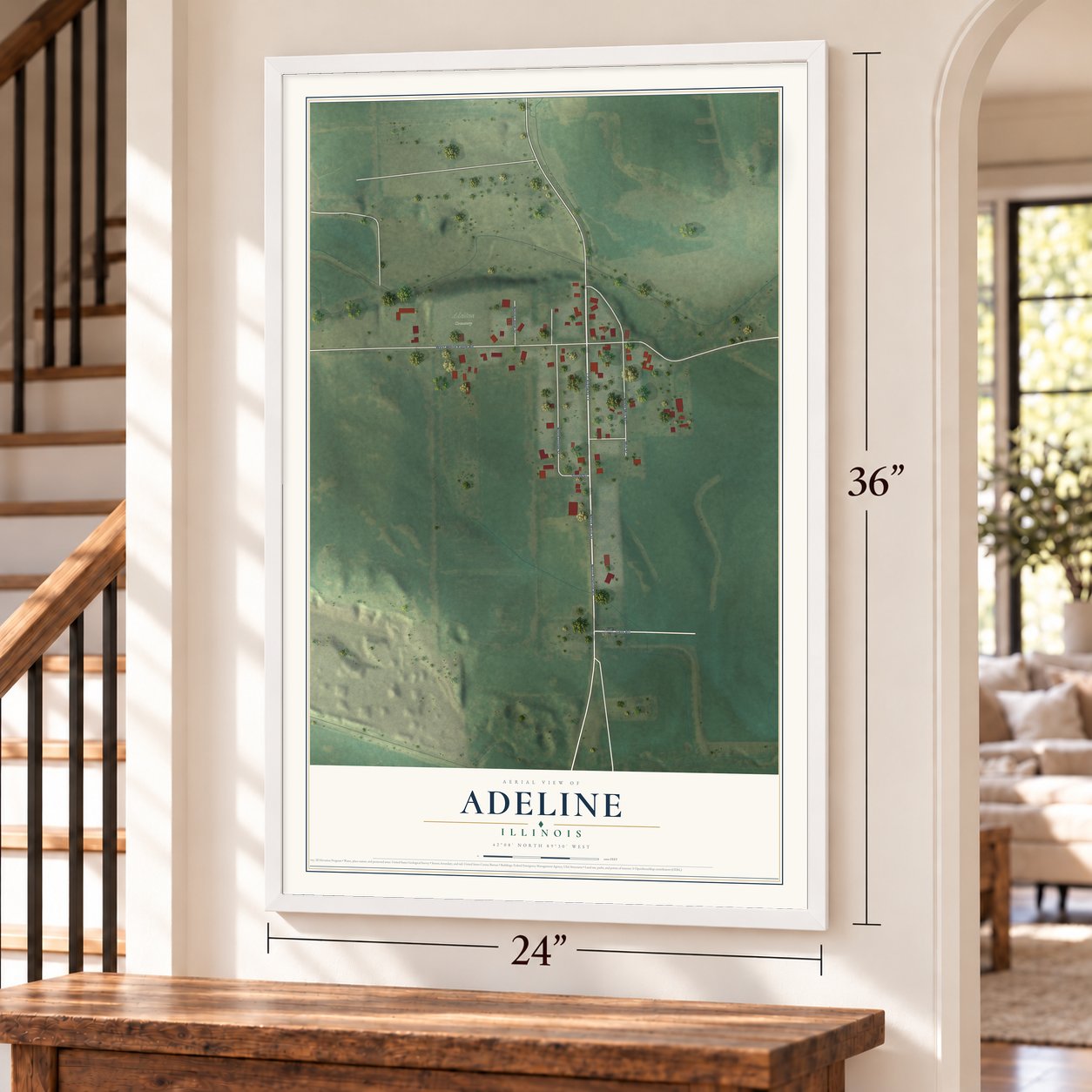 Adeline, Illinois map, 24 x 36 inch print in a white frame by a staircase
