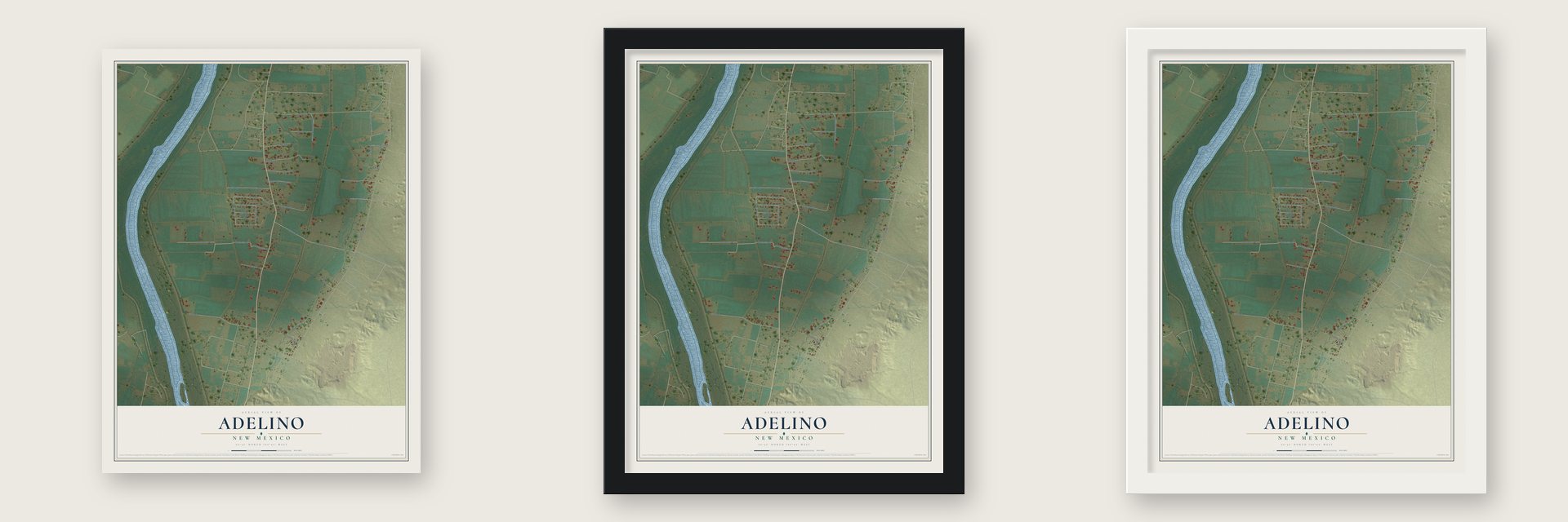 Adelino, New Mexico map unframed, in a black wood frame and in a white wood frame