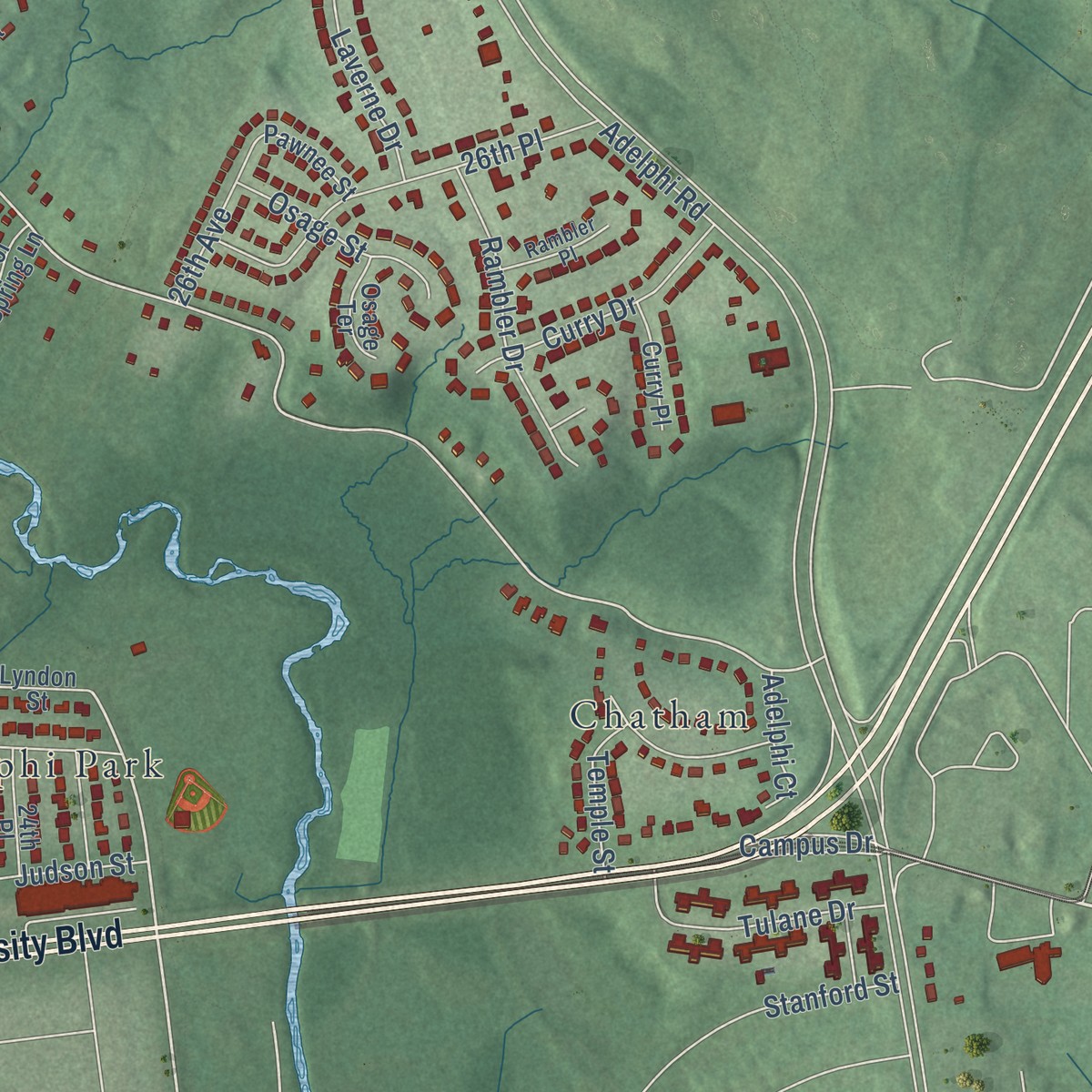 Second close-up of the map of Adelphi, Maryland print showing more streets and buildings