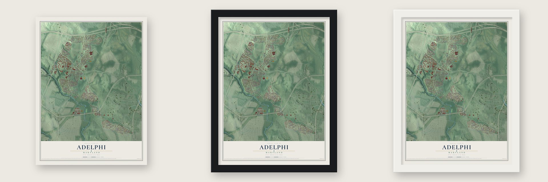 Adelphi, Maryland map unframed, in a black wood frame and in a white wood frame