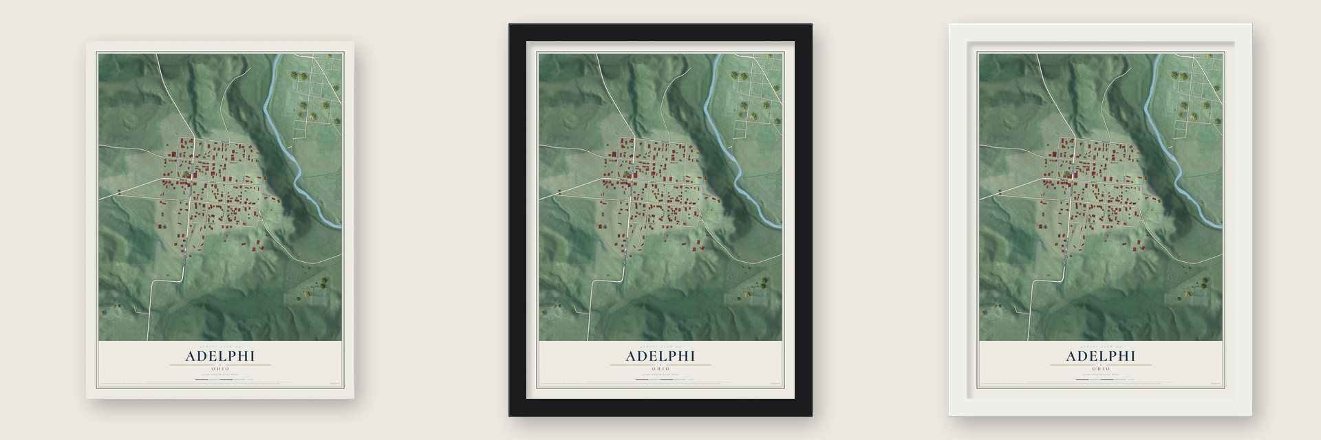 Adelphi, Ohio map unframed, in a black wood frame and in a white wood frame