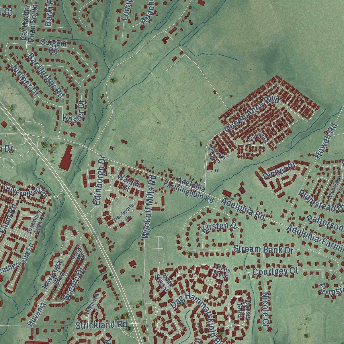 Second close-up of the map of Adelphia, New Jersey print showing more streets and buildings