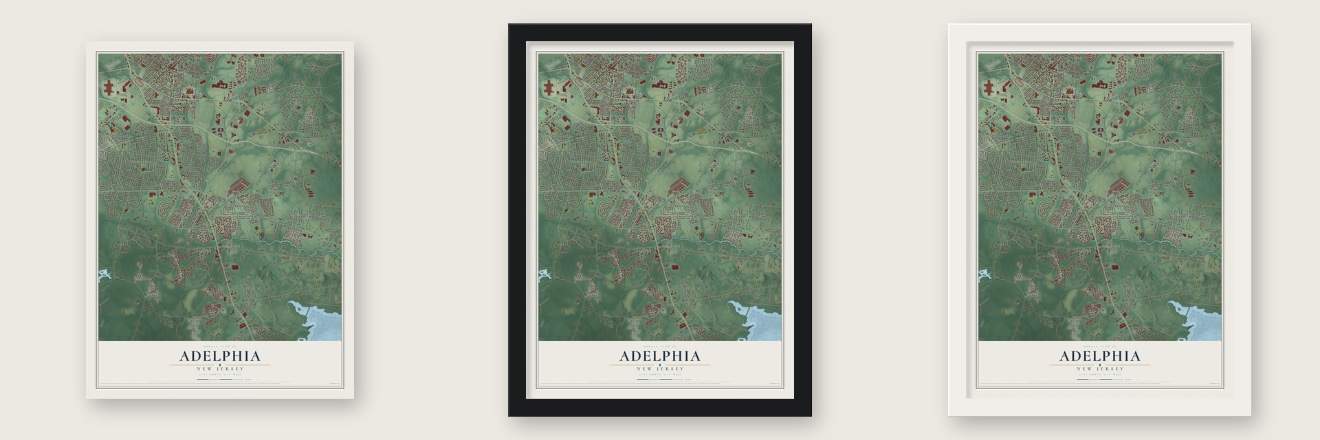 Adelphia, New Jersey map unframed, in a black wood frame and in a white wood frame