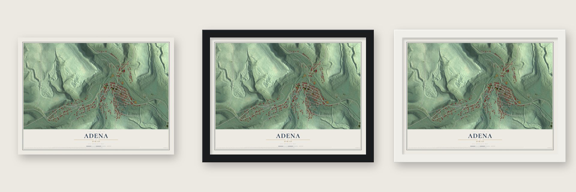 Adena, Ohio map unframed, in a black wood frame and in a white wood frame