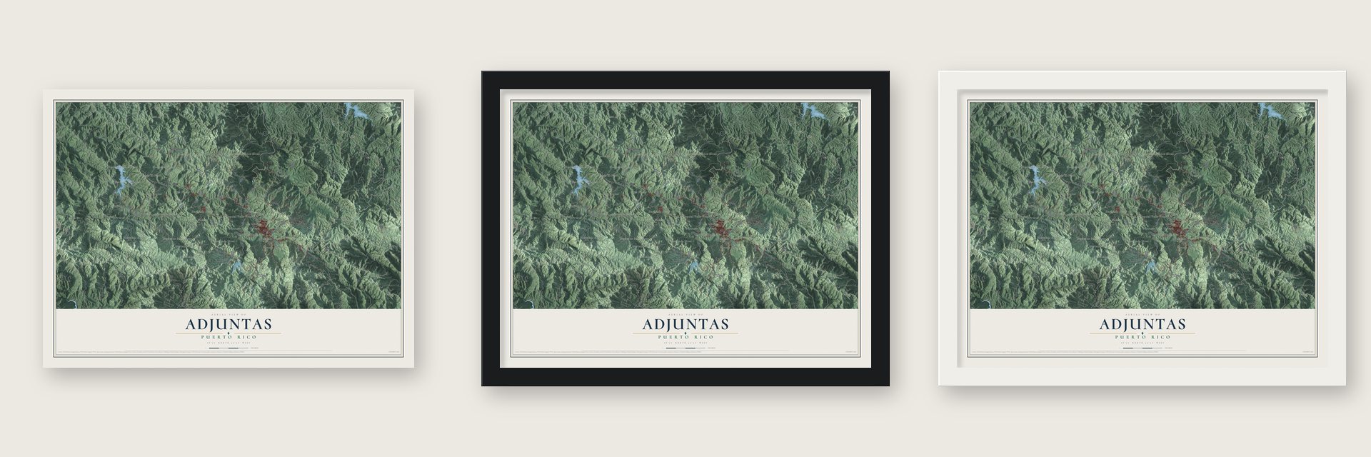 Adjuntas, Puerto Rico map unframed, in a black wood frame and in a white wood frame