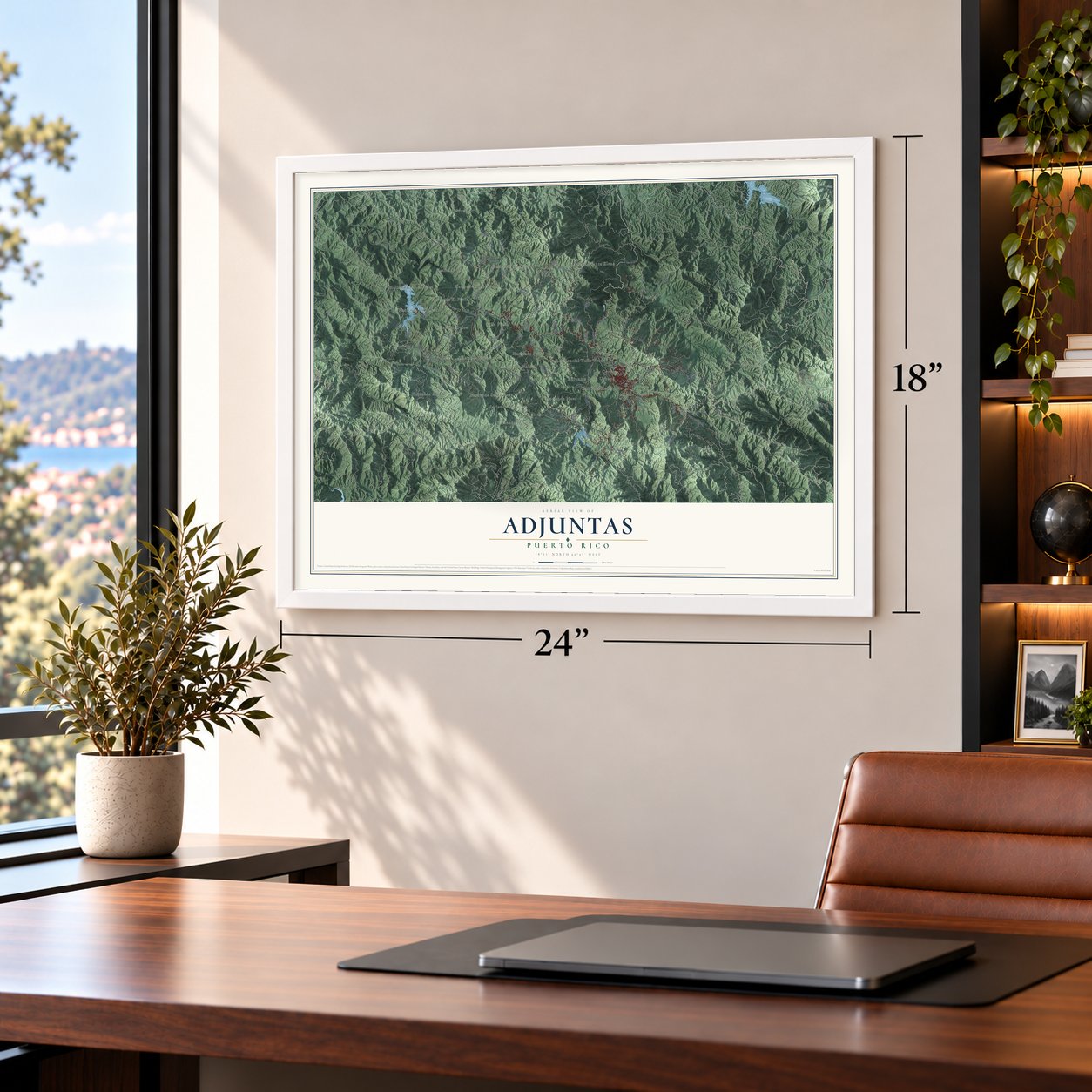 Adjuntas, Puerto Rico map, 18 x 24 inch print in a white frame in a home office