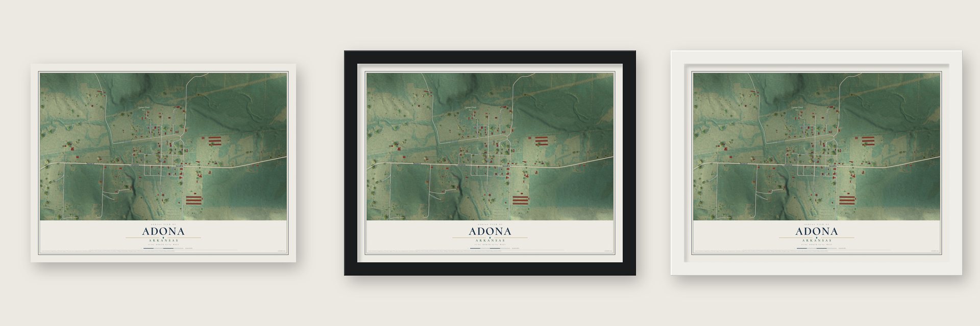 Adona, Arkansas map unframed, in a black wood frame and in a white wood frame