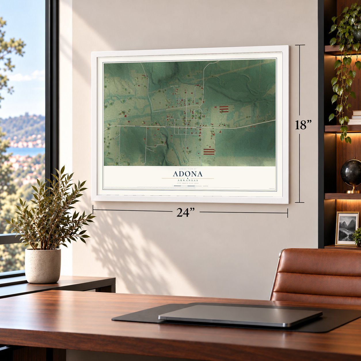 Adona, Arkansas map, 18 x 24 inch print in a white frame in a home office
