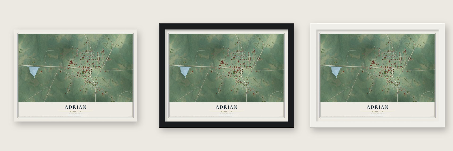 Adrian, Georgia map unframed, in a black wood frame and in a white wood frame