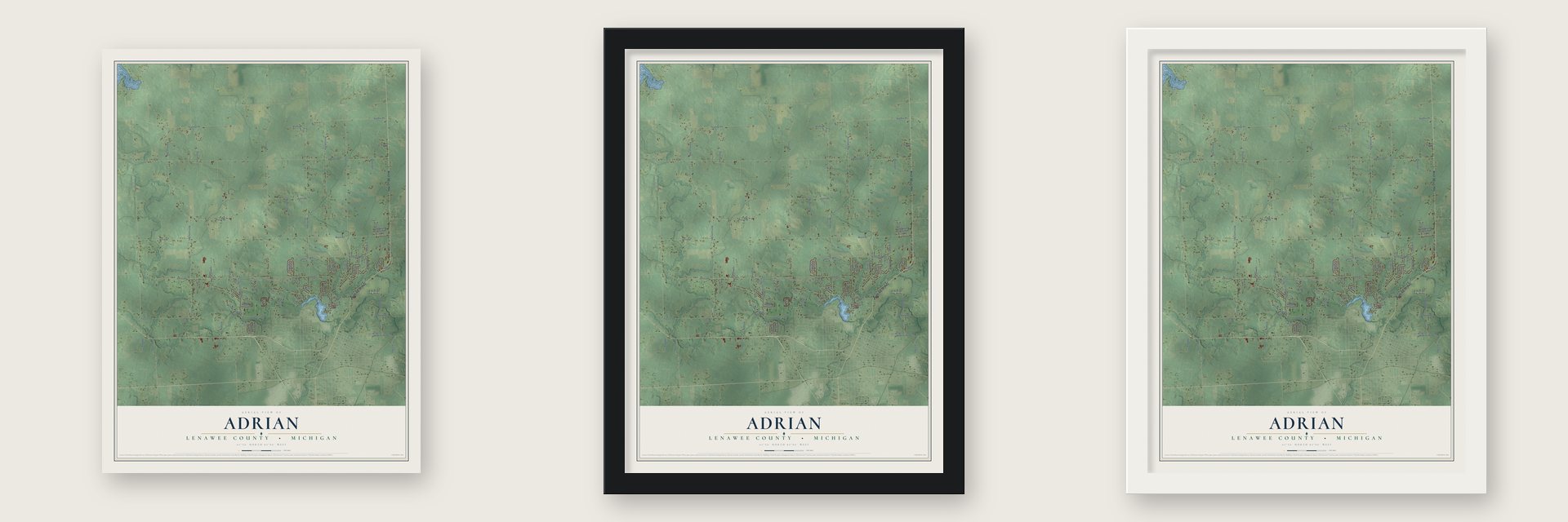 Adrian, Lenawee County, Michigan map unframed, in a black wood frame and in a white wood frame