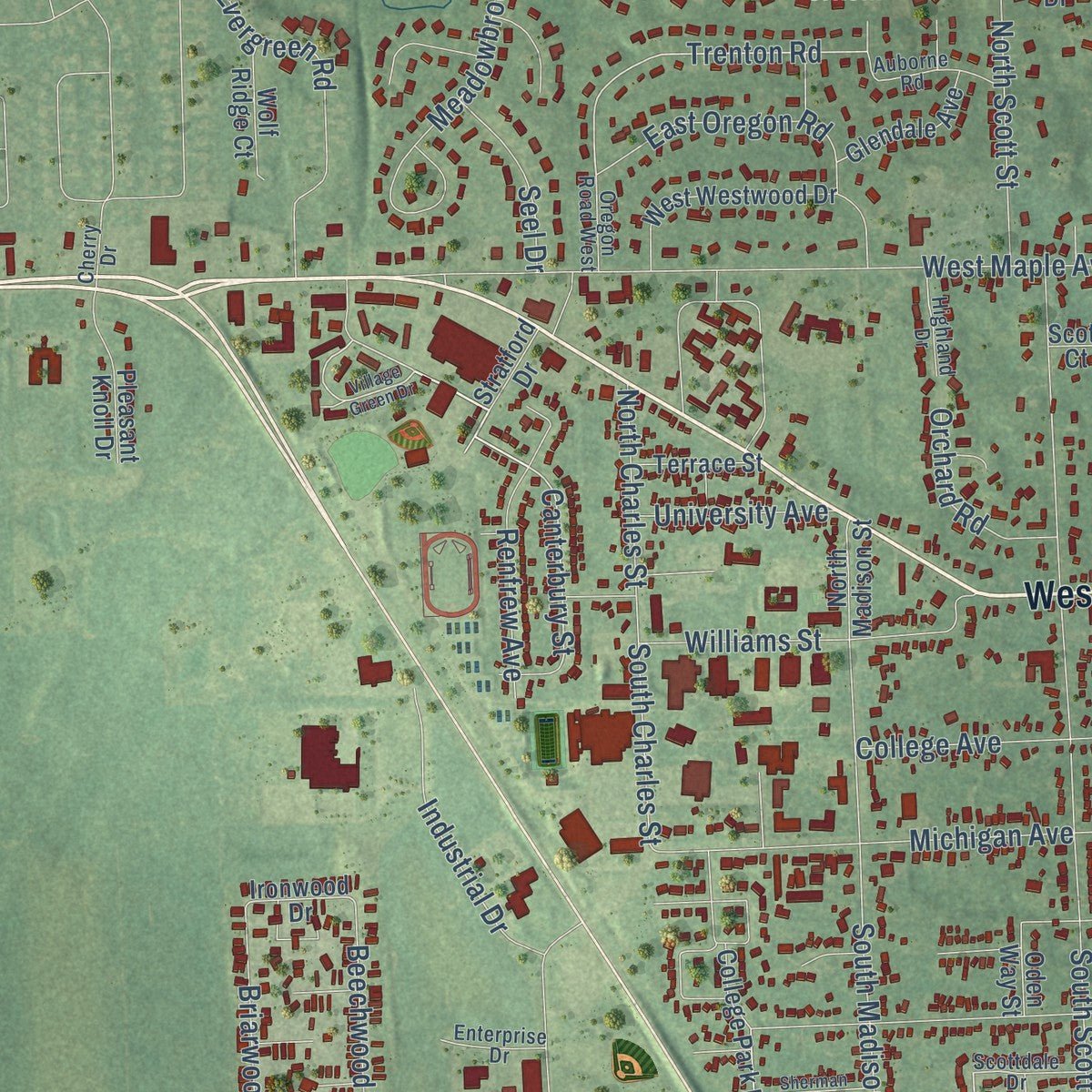 Second close-up of the map of Adrian, Michigan print showing more streets and buildings