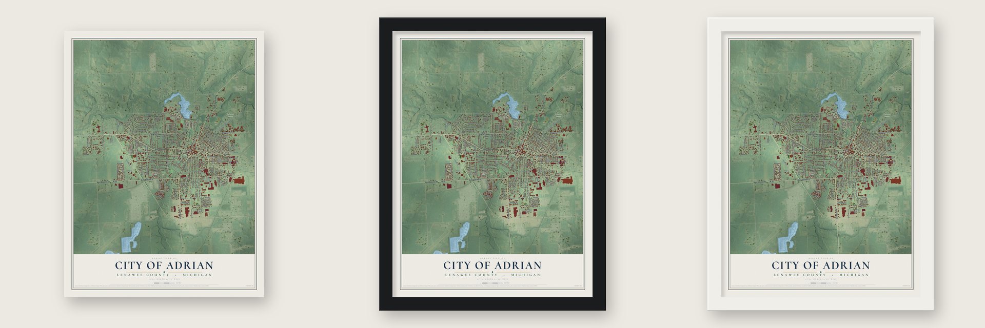 Adrian, Michigan map unframed, in a black wood frame and in a white wood frame
