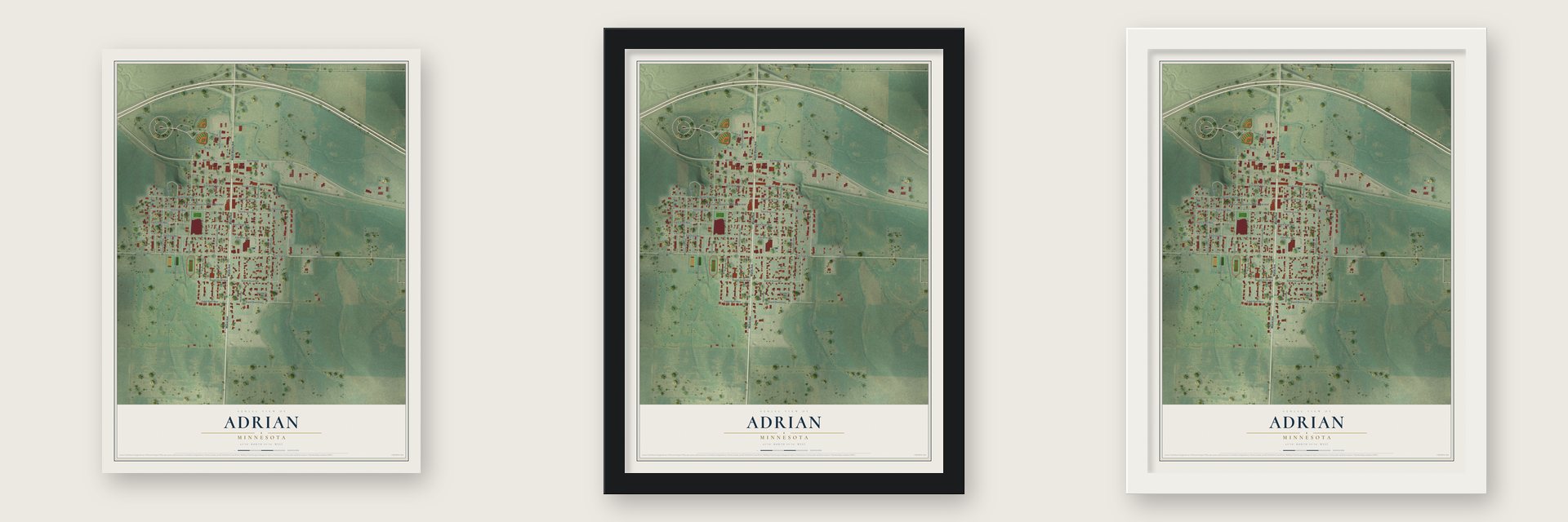 Adrian, Minnesota map unframed, in a black wood frame and in a white wood frame