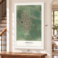 Adrian, Minnesota map, 24 x 36 inch print in a white frame by a staircase