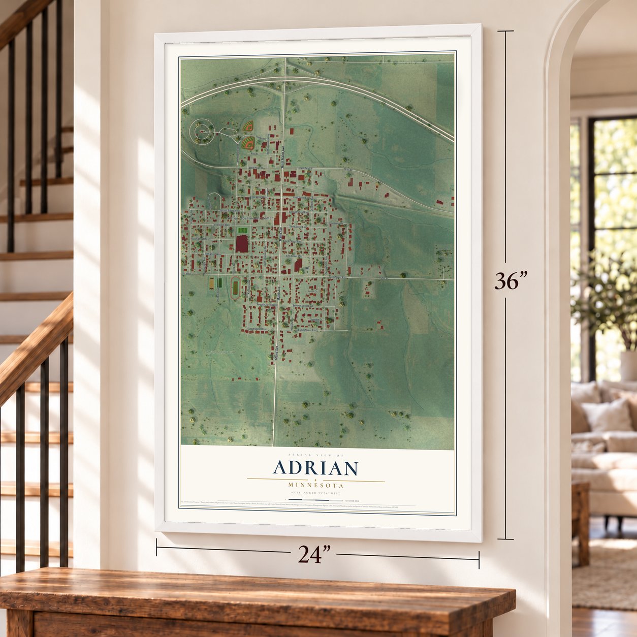 Adrian, Minnesota map, 24 x 36 inch print in a white frame by a staircase