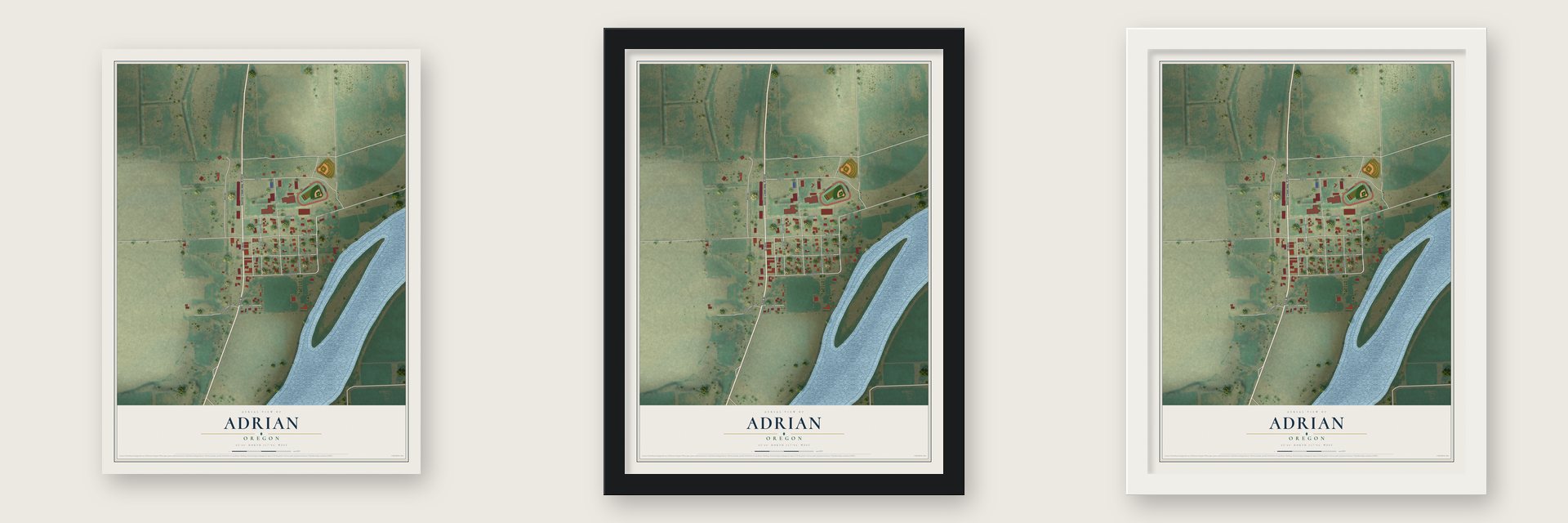 Adrian, Oregon map unframed, in a black wood frame and in a white wood frame