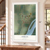 Adrian, Oregon map, 24 x 36 inch print in a white frame by a staircase